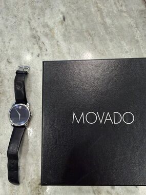 Movado Blue Dial Silver-Tone Case Black Leather Strap Watch